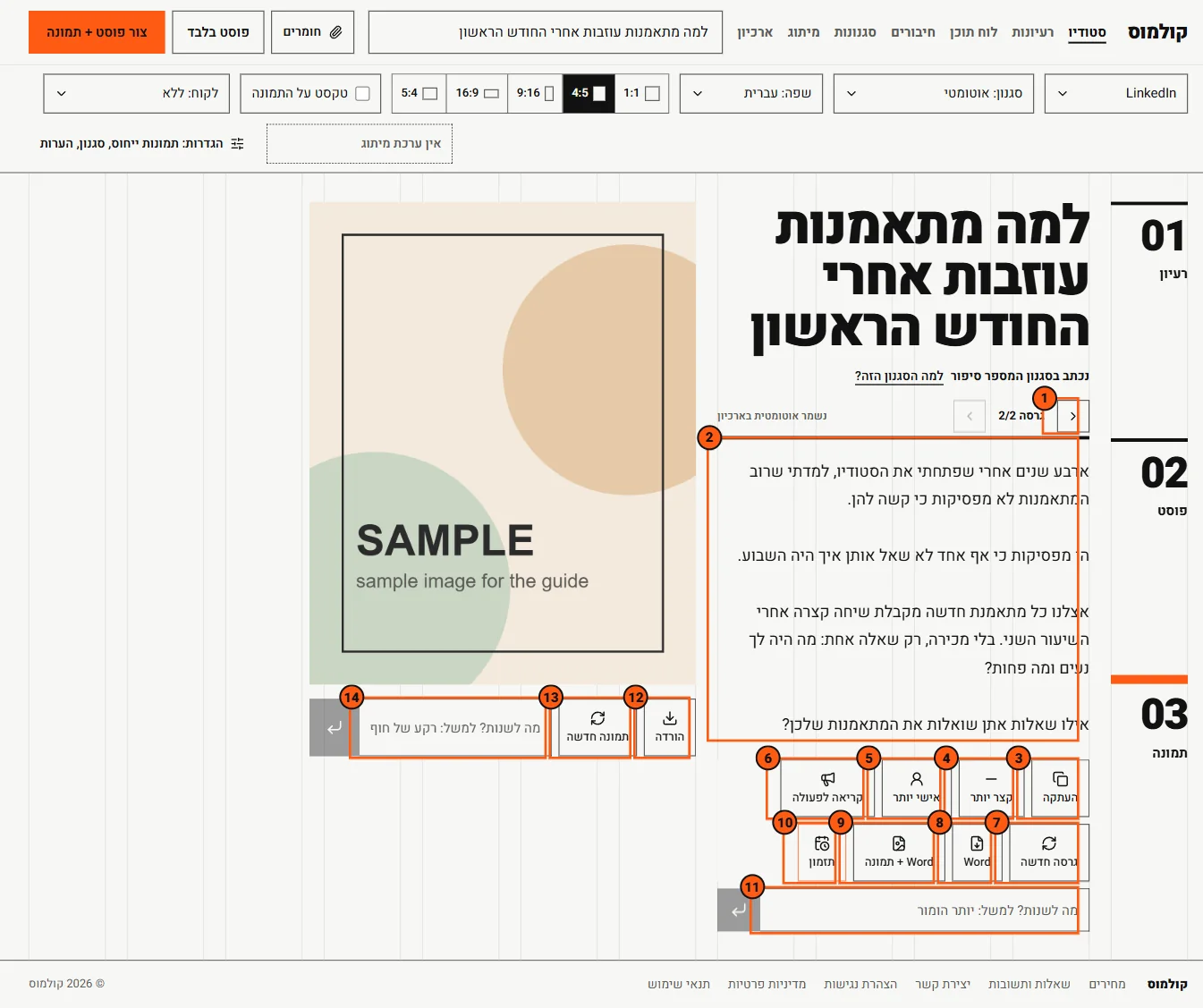 הסטודיו אחרי יצירה: פוסט, תמונה וכפתורי הפעולה